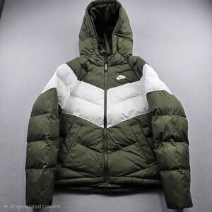 Nike Windrunner Puffer Jacket Boys Large Olive Green White Hooded Full Zip